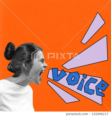 Woman shouting with bold typography spelling Voice, symbolizing empowerment, communication, and strong self-expression on orange background. Woman shouting with bold typography spelling Voice, symbolizing empowerment, communication, and strong self-expression on orange background. 120896217