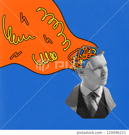 Young man in formal attire, with artistic scribbles and colorful flow shapes depicting active thoughts on blue background. Contemporary art collage. 120896221