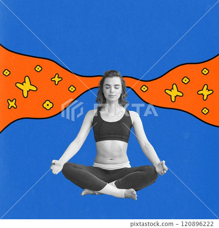 Young woman in meditative yoga pose, with abstract flow of thoughts on blue background. Mindfulness. Contemporary art collage. Young woman in meditative yoga pose, with abstract flow of thoughts on blue background. Mindfulness. Contemporary art collage. 120896222