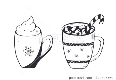 Christmas set of hot drinks doodle style. Delicious cocoa with marshmallows, hot chocolate, coffee with cream or tea. Vector illustration hand drawn. Christmas set of hot drinks doodle style. Delicious cocoa with marshmallows, hot chocolate, coffee with cream or tea. Vector illustration hand drawn. 120896360