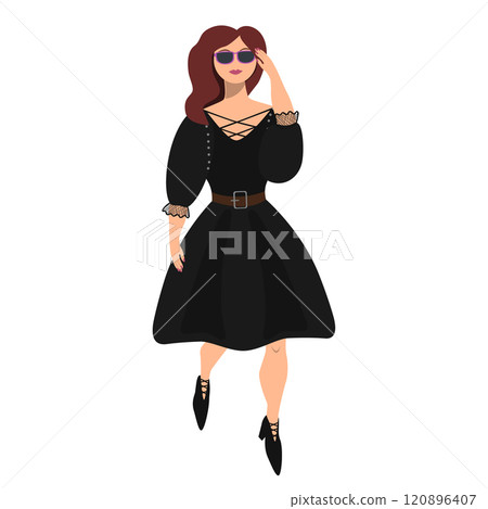Happy walking woman isolated on white. Girl in sunglasses, vintage black dress, and high heels cartoon illustration 120896407