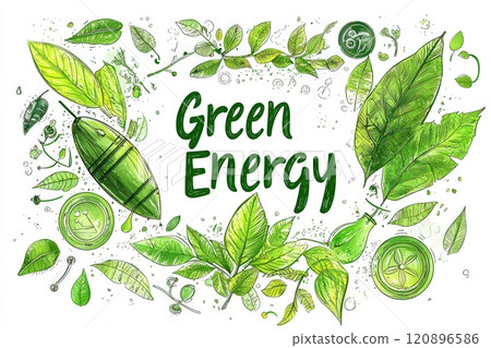 A creative depiction of green energy featuring various shades of green leaves and natural elements. The artwork emphasizes sustainability and eco-friendly practices with intricate designs. 120896586