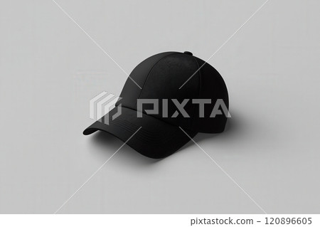 This sleek black baseball cap sits on a smooth, neutral backdrop, highlighting its minimalist design and texture. Its versatile look makes it suitable for various fashion styles. 120896605