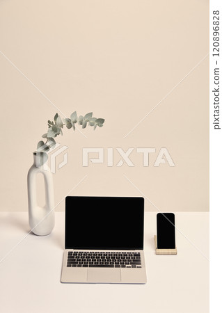 Laptop, phone in wooden stand, and white vase with eucalyptus branch. Neutral tones for modern branding, marketing, or promotional projects. 120896828