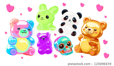 Colorful glossy jelly candies. Vector set isolated on white background. Cute bright bears, panda, rabbit and skull Colorful glossy jelly candies. Vector set isolated on white background. Cute bright bears, panda, rabbit and skull 120896839