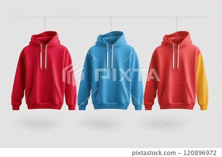 Three hoodies in bright colors hang against a neutral background. The left hoodie is red, the middle one is blue, and the right one features a red body with a yellow sleeve, showcasing a modern style. 120896972