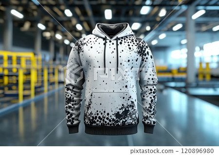 A stylish gray hoodie featuring a striking black splatter design stands prominently against an industrial backdrop. The bright lights and open space emphasize its modern appeal. 120896980