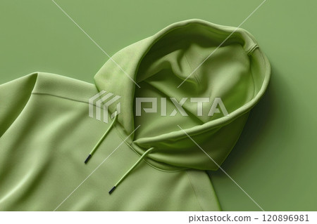 A cozy green hoodie laid flat against a matching green backdrop. The minimalist design highlights the fabric texture and stitching details, ideal for casual fashion enthusiasts. 120896981