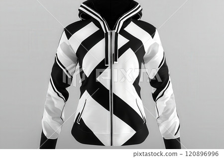 A trendy hoodie featuring bold black and white geometric designs is displayed against a simple background. This fashionable outerwear piece is perfect for casual outings or layering. 120896996