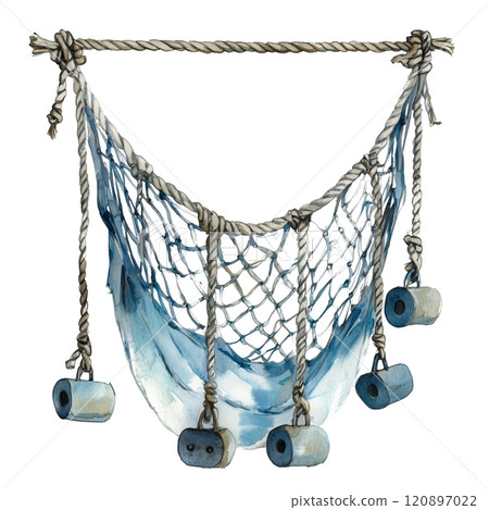 Watercolor fishing net with buoys, nautical decorative marine rope illustration. 120897022