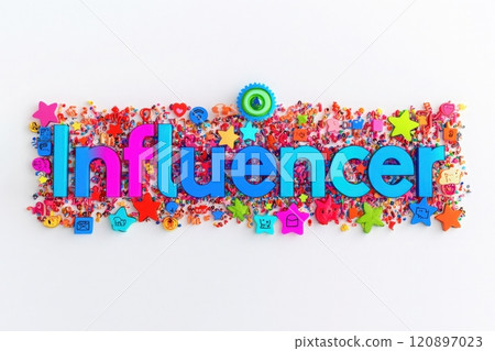 The word influencer stands out prominently against a vibrant background filled with various decorative icons and shapes. This composition highlights modern digital culture and social media trends. 120897023