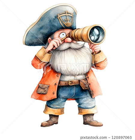 Watercolor illustration of a whimsical pirate captain with a telescope, nautical fantasy character in vibrant colors. 120897063