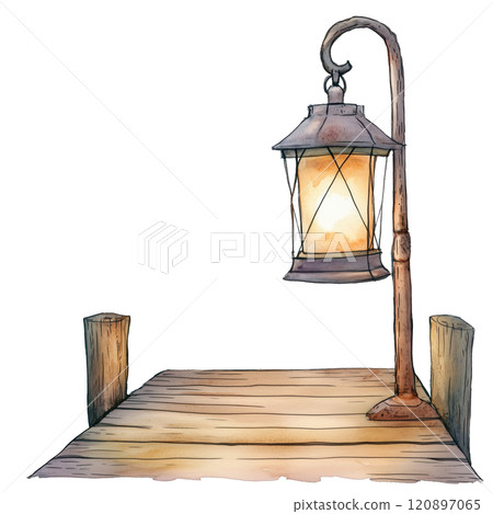 Watercolor illustration of a wooden pier with a glowing lantern, serene evening ambiance by the water, rustic nautical design. 120897065