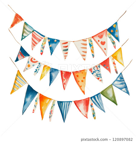Colorful watercolor bunting flags, festive party decorations, hand-painted illustration for celebrations and creative design projects. 120897082