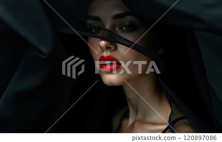 Woman with red lips and a black veil over her face. The woman is wearing red lipstick and has a 120897086