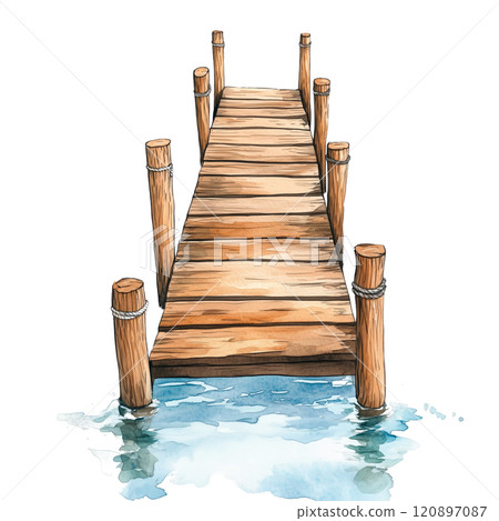 Watercolor wooden pier illustration on calm water, rustic dock design for coastal or nautical themes. 120897087