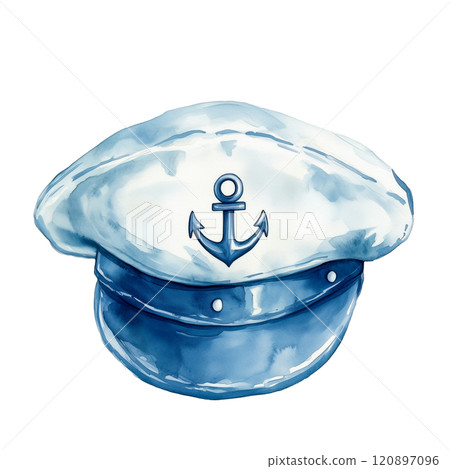 Blue captain's hat with anchor emblem, nautical watercolor illustration for maritime and sailor-themed designs. 120897096