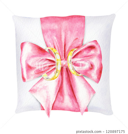 Watercolor isolated illustration of two golden wedding rings placed on white pillow adorned with a pink satin bow. Perfect for wedding invitations, ceremony decor, bridal themes and romantic projects 120897175