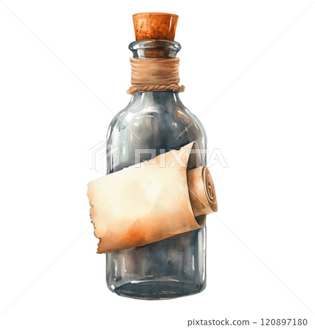 Watercolor illustration of a message in a bottle with rolled parchment and cork, nautical and vintage theme. Watercolor illustration of a message in a bottle with rolled parchment and cork, nautical and vintage theme. 120897180