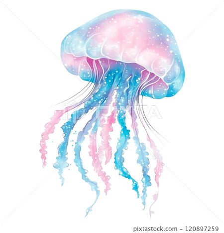 Watercolor illustration of a vibrant jellyfish with flowing pink and blue tentacles, glowing softly in a marine-inspired design. 120897259