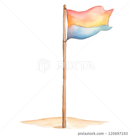 Watercolor flag on wooden pole, colorful gradient design on sand background. Watercolor flag on wooden pole, colorful gradient design on sand background. 120897283
