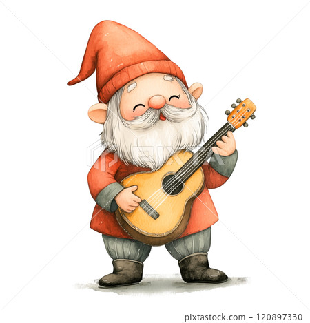 Gnome Playing Guitar, Cheerful Fantasy Character with Acoustic Instrument, Watercolor Illustration for Fairy Tales, Music, Folk Art, and Whimsical Designs 120897330