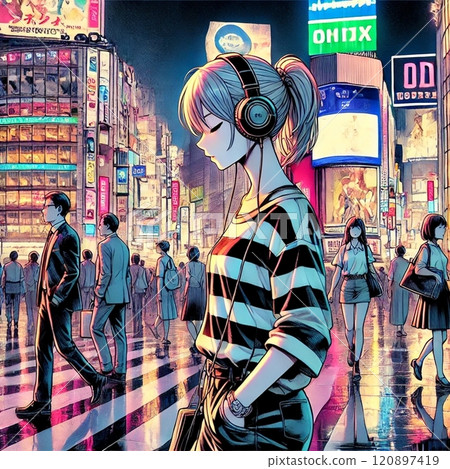 一個女孩一邊聽著音樂,一邊走過霓虹燈美麗的澀谷十字路口。 一個女孩一邊聽著音樂,一邊走過霓虹燈美麗的澀谷十字路口。 120897419