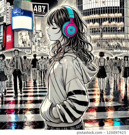 雨後，一個女孩一邊聽音樂一邊走過澀谷的十字路口 120897423