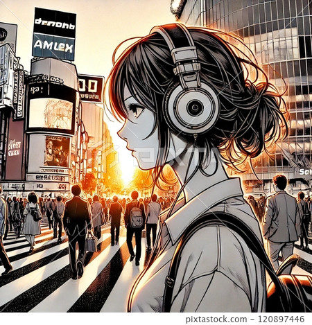 黃昏時分，一個女孩一邊聽音樂一邊穿過澀谷的十字路口 120897446