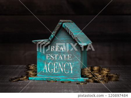 Wooden house model with coins next to it and hand 120897484