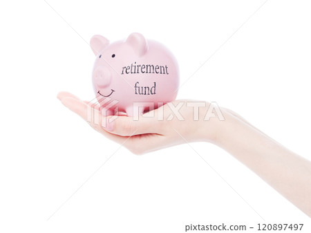 Female hand holds piggy bank retirement fund Female hand holds piggy bank retirement fund 120897497