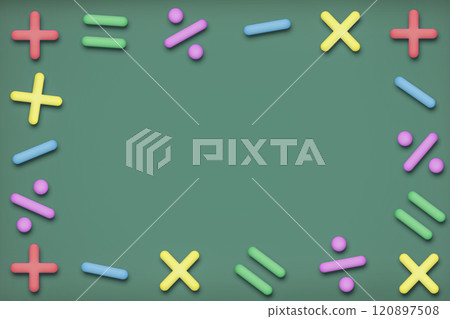 A frame of three-dimensional, colorful mathematical symbols on a green background A frame of three-dimensional, colorful mathematical symbols on a green background 120897508