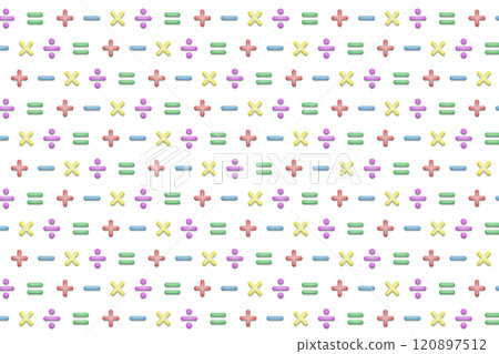 A pattern of small, three-dimensional, colorful mathematical symbols 120897512