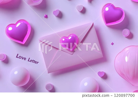 Heart shapes and a pink envelope with a heart seal are artistically arranged against a soft pastel background. This setup evokes feelings of love and affection, perfect for romantic occasions. 120897700