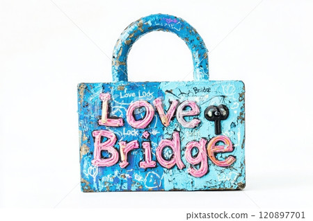 A vibrant blue lock with the words Love Lock Bridge creatively painted, showcasing art and urban culture. The decoration represents love and connection, ideal for romantic moments. 120897701