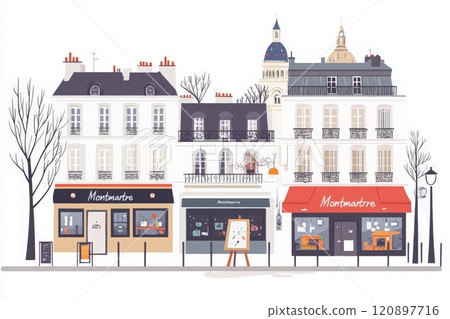 A picturesque street in Montmartre showcases charming shops with vibrant facades, surrounded by beautiful Parisian architecture. The scene captures the essence of a lively neighborhood. 120897716