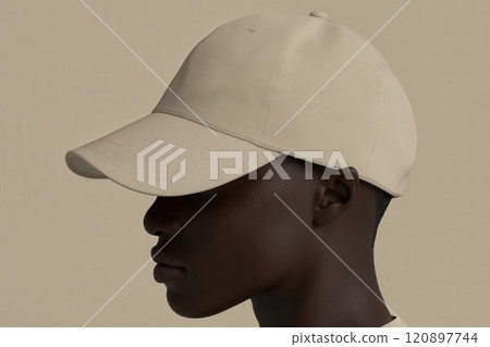 A model poses in profile, wearing a minimalist beige cap against a soft, neutral background. The elegant design highlights the relaxed yet fashionable aesthetic of the headwear. 120897744