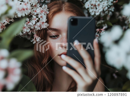 Happy woman enjoying appreciations on social media posts and busy with texting on her smartphone.Macro.AI Generative. 120897891