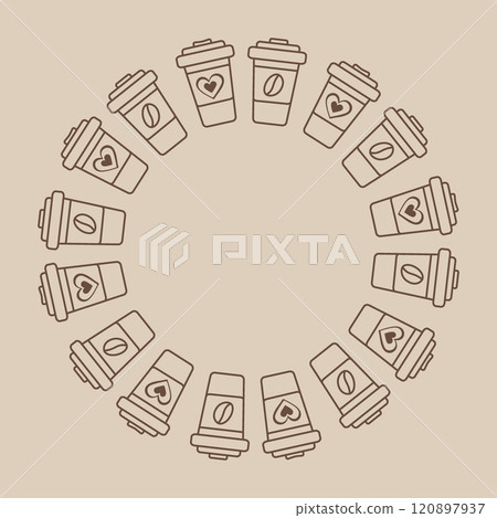 Disposable cups with coffee bean or decorative heart on label. Circle Frame in trendy pale brown 120897937
