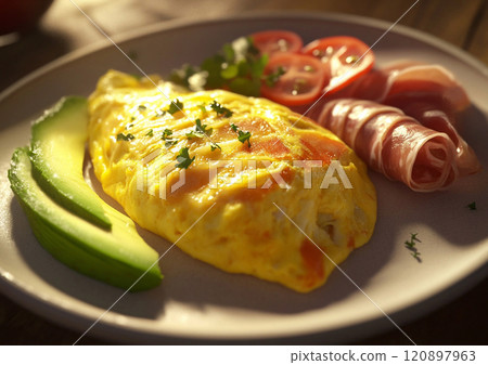 Fresh omelette with bacon and ripe avocado slices on plate for breakfast.Macro.AI Generative. 120897963