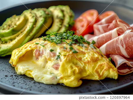 Fresh omelette with bacon and ripe avocado slices on plate for breakfast.Macro.AI Generative. 120897964