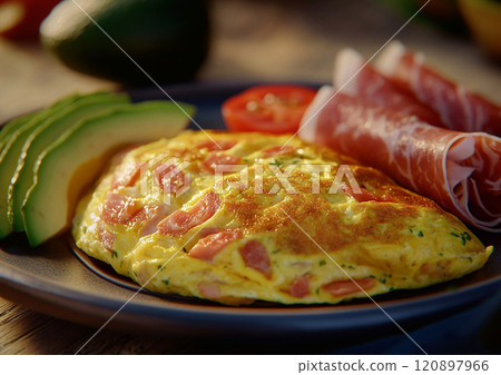 Breakfast plate with omelette and bacon with avocado slices.Macro.AI Generative. 120897966
