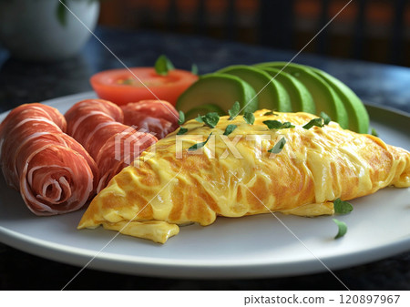 Breakfast plate with omelette and bacon with avocado slices.Macro.AI Generative. 120897967
