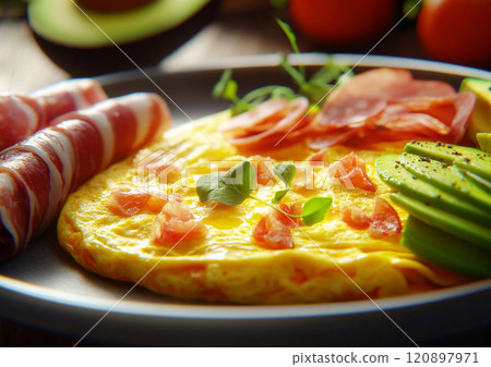Breakfast plate with omelette and bacon with avocado slices.Macro.AI Generative. 120897971