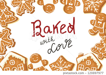 Text frame made of gingerbread cookies. Hand lettered Baked with Love. Lettering vector illustration 120897977