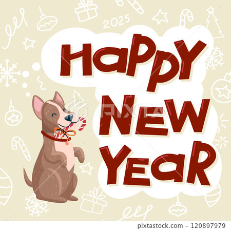 A cute dog holding a candy cane in mouth stands on hind legs. Hand lettering of Happy New Year 120897979