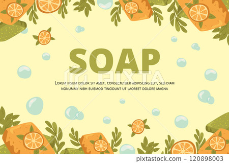 Banner with citrus and green soap. Text frame for website, blog, social media. Banner with citrus and green soap. Text frame for website, blog, social media. 120898003