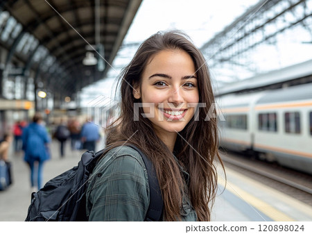 Happy smiling beautiful woman on platform waiting for train on warm autumn day.Macro.AI Generative. 120898024