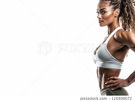 Beautiful athletic fit woman with perfect sportive fit body on white background banner.Space for text.AI Generative. 120898072