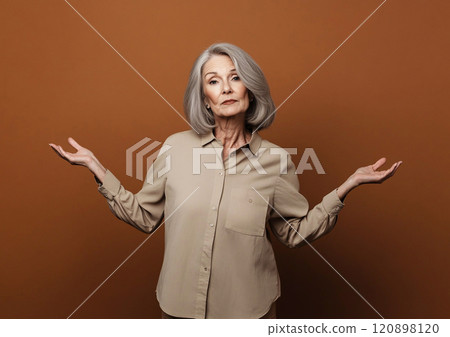 Beautiful mature woman with natural skin wearing beige shirt on brown studio background.Macro.AI Generative. Beautiful mature woman with natural skin wearing beige shirt on brown studio background.Macro.AI Generative. 120898120